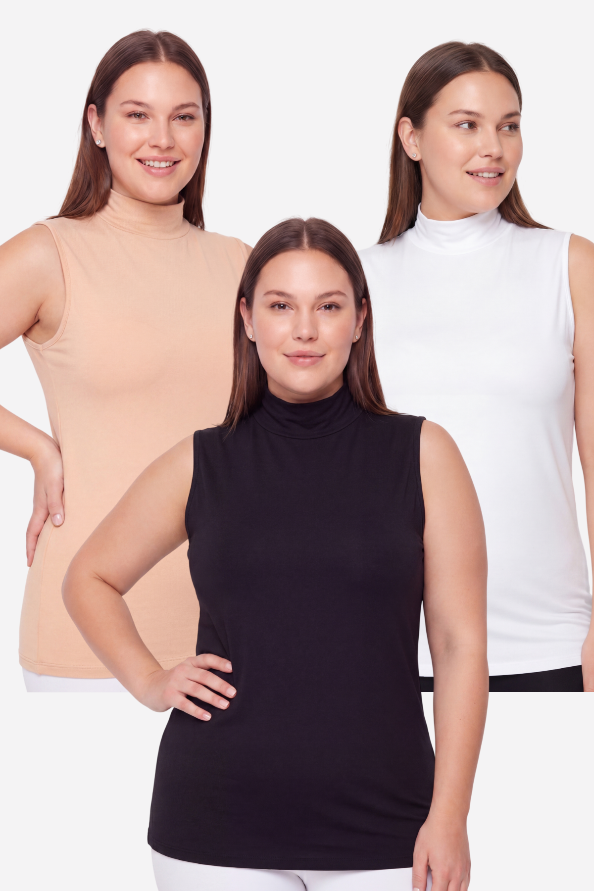 Kadın Büyük Beden Balıkçı Yaka Kolsuz Body Renkli 3'lü Paket