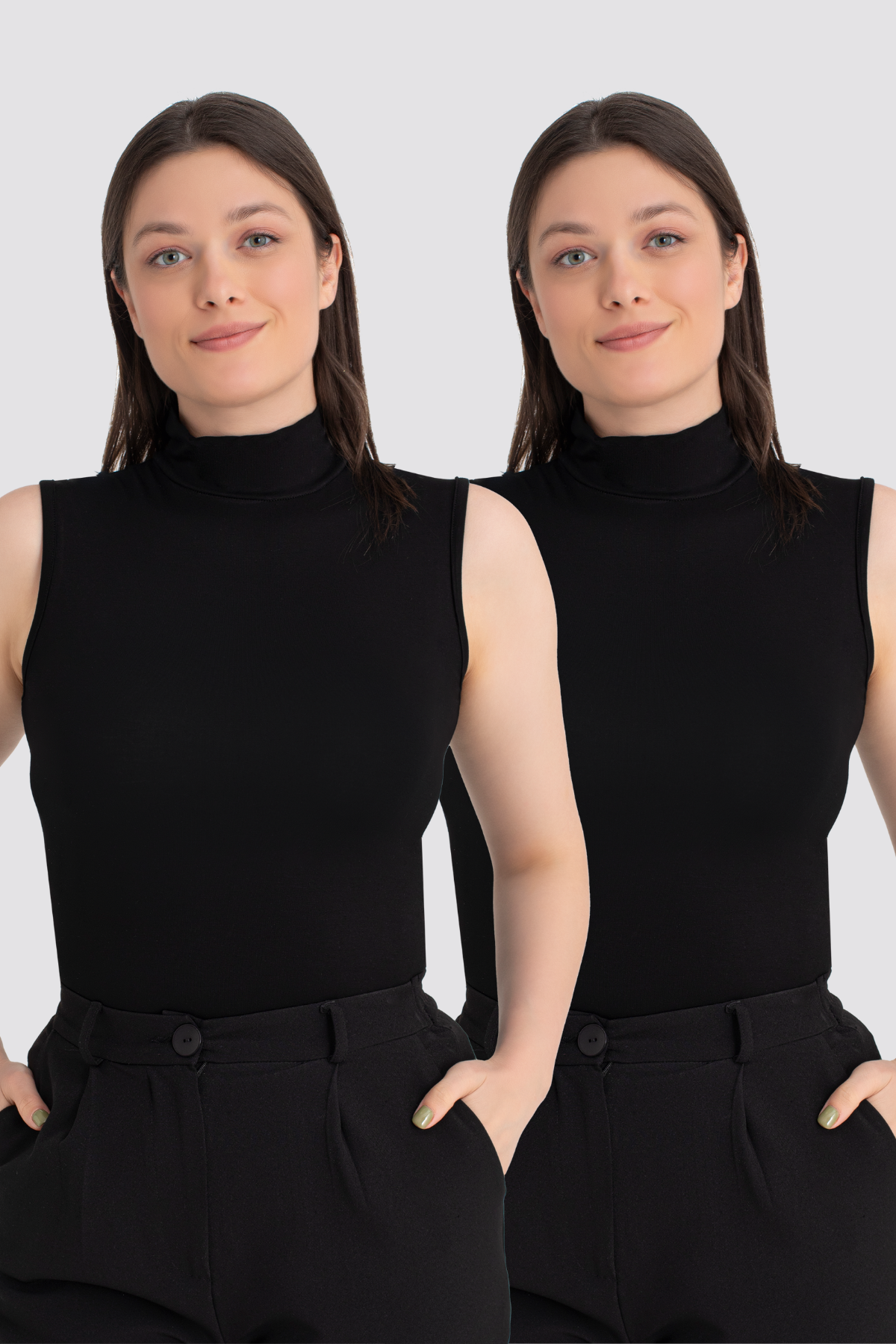 Kadın Siyah Balıkçı Yaka 2'li Kolsuz Body