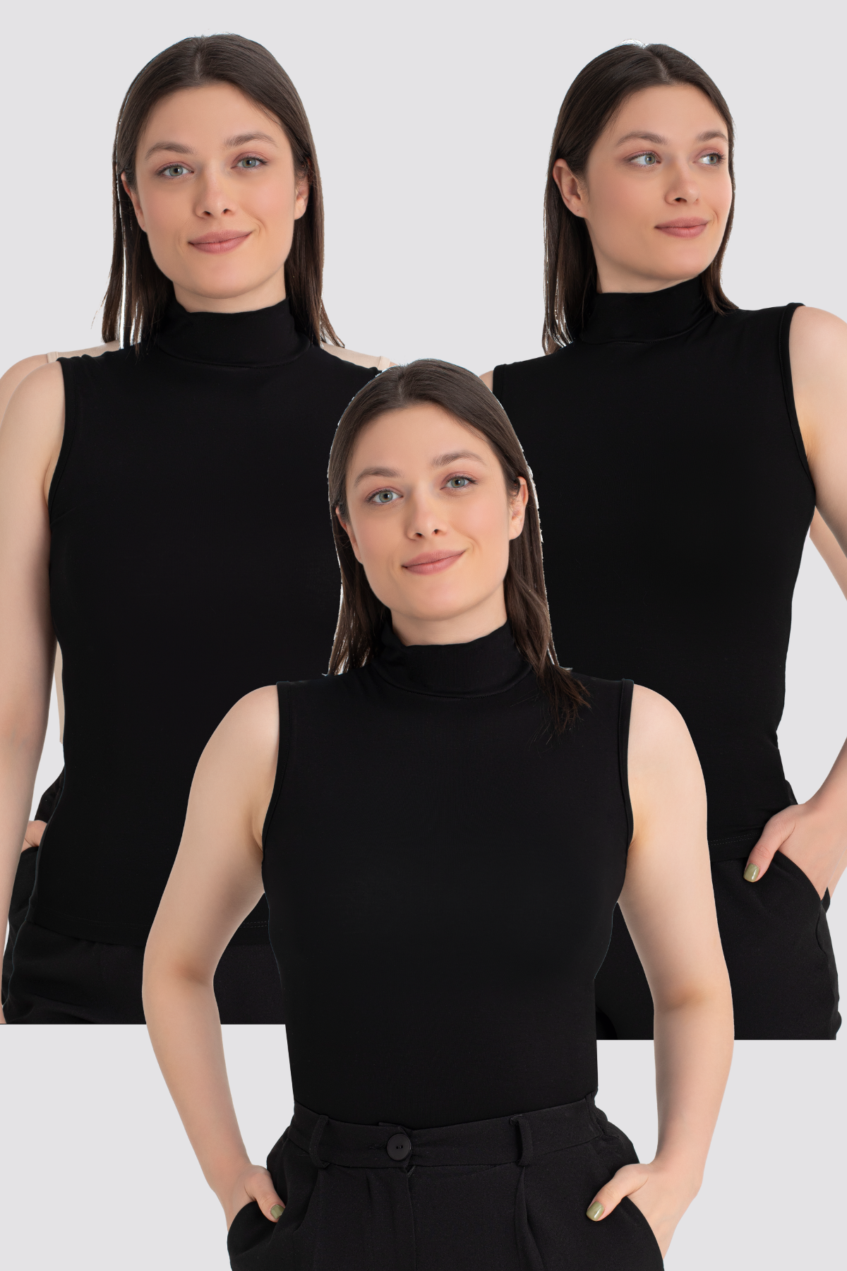 Kadın Siyah Balıkçı Yaka Kolsuz Body 3'lü Paket