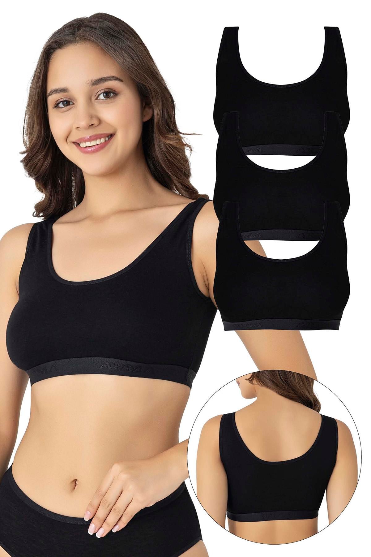 Kadın Siyah Bambu Kalın Askılı Çıkarılabilir Pedli Yarım Atlet Büstiyer 3'lü Paket