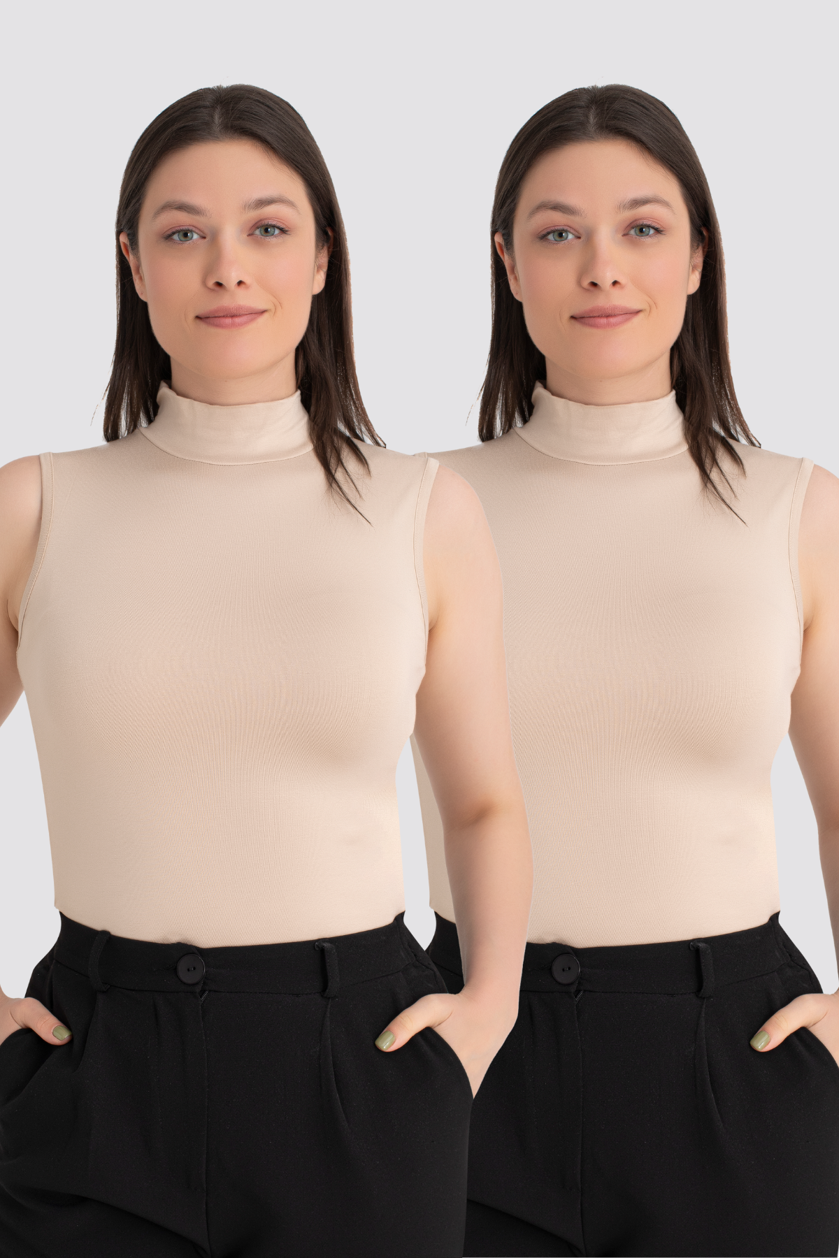Kadın Ten 2'li Kolsuz Body Balıkçı Yaka