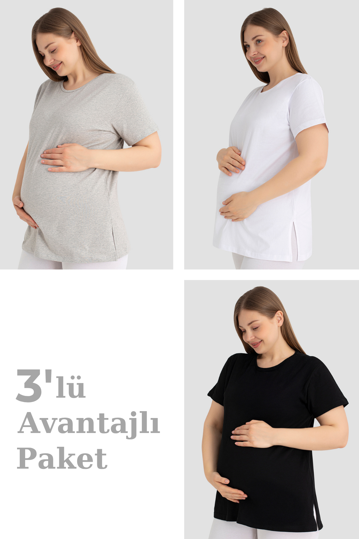 Pamuklu Kısa Kollu Hamile Tişört Renkli 3'lü Paket – Yumuşak ve Rahat Hamile Giyim