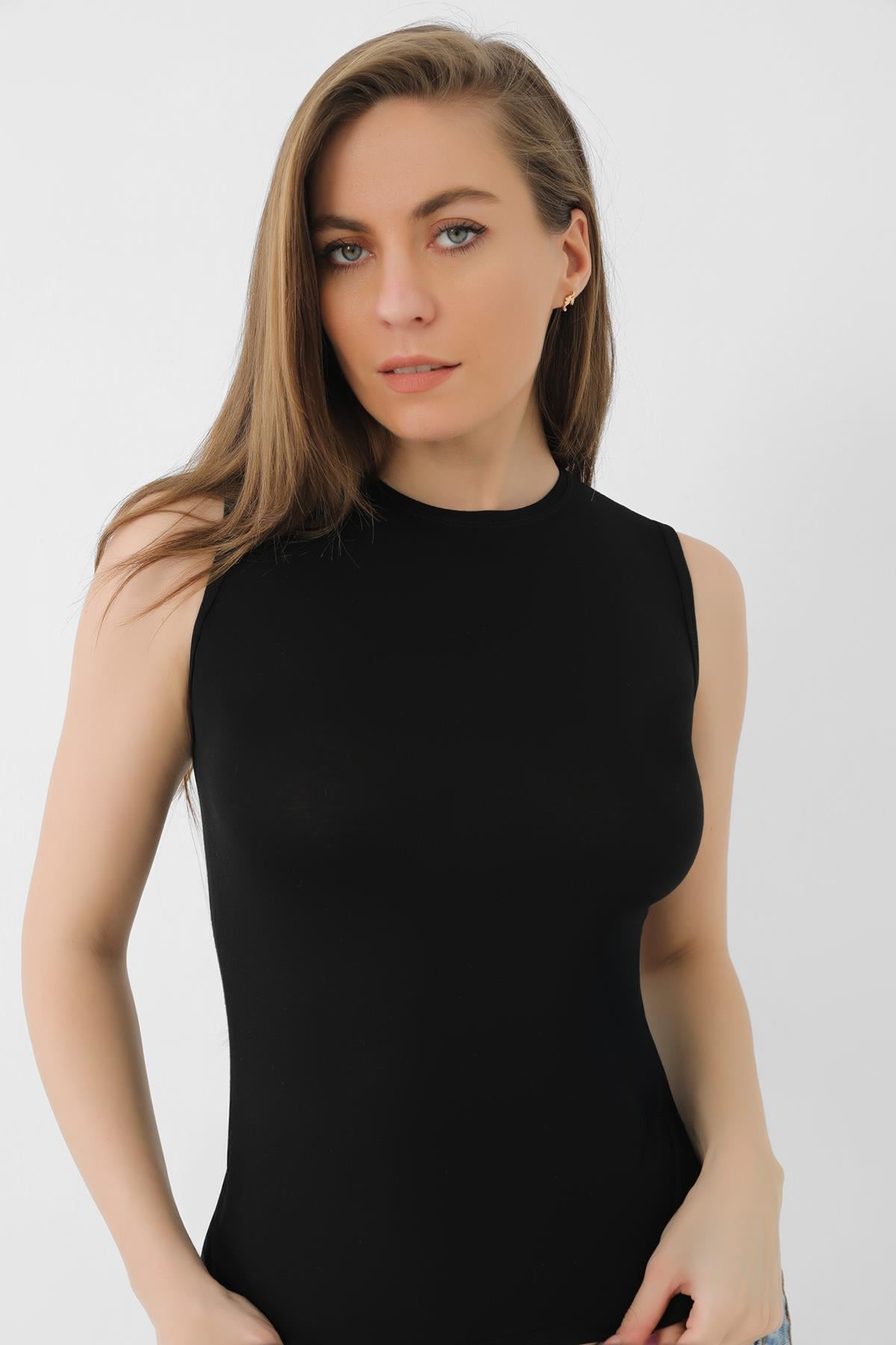 Siyah Kadın Bambu Tişört Sıfır Yaka Sıfır Kol Kolsuz Atlet