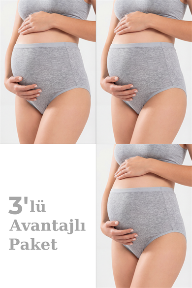 3'lü Paket Kadın Gri Pamuklu Likralı Yüksek Bel Hamile Lohusa Külot Esnek ve Rahat Kumaş