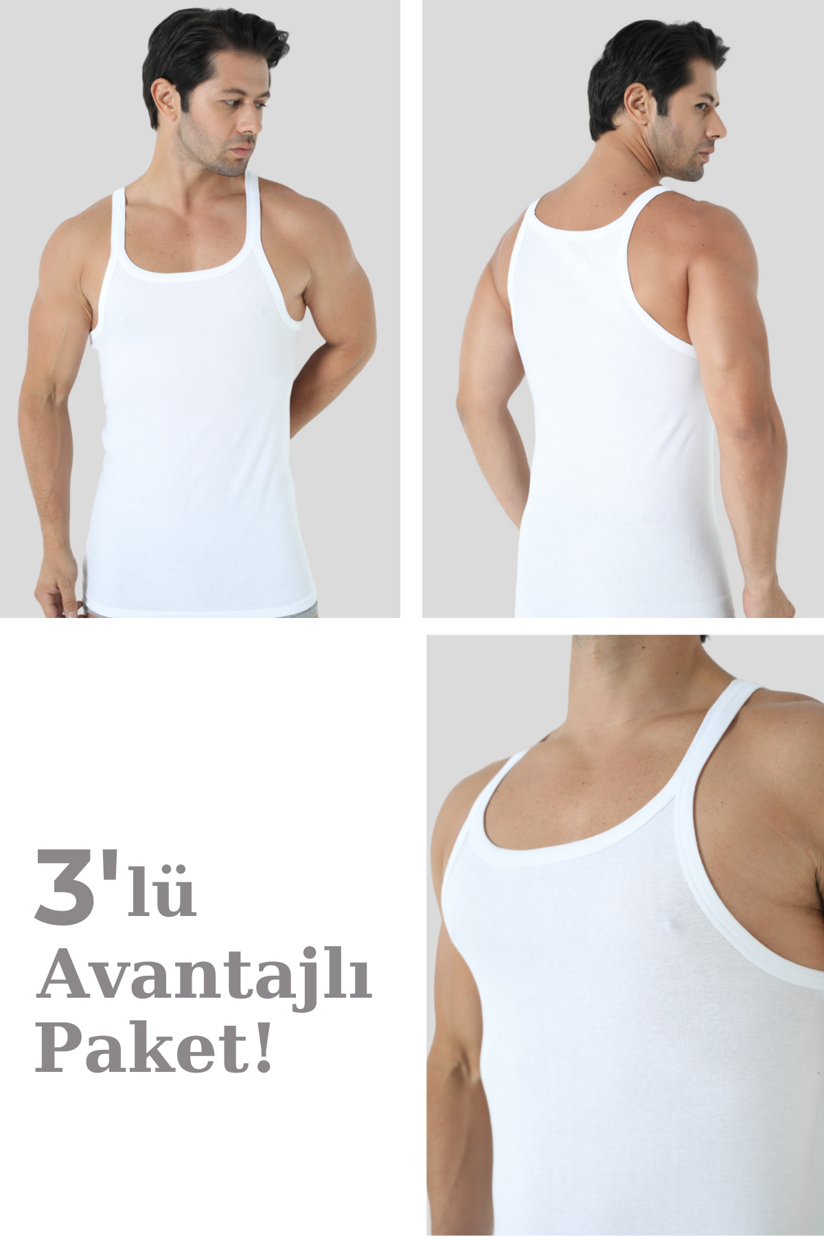  Erkek Beyaz İnce Askılı Atlet %100 Pamuk 3'lü Ekonomik Paket