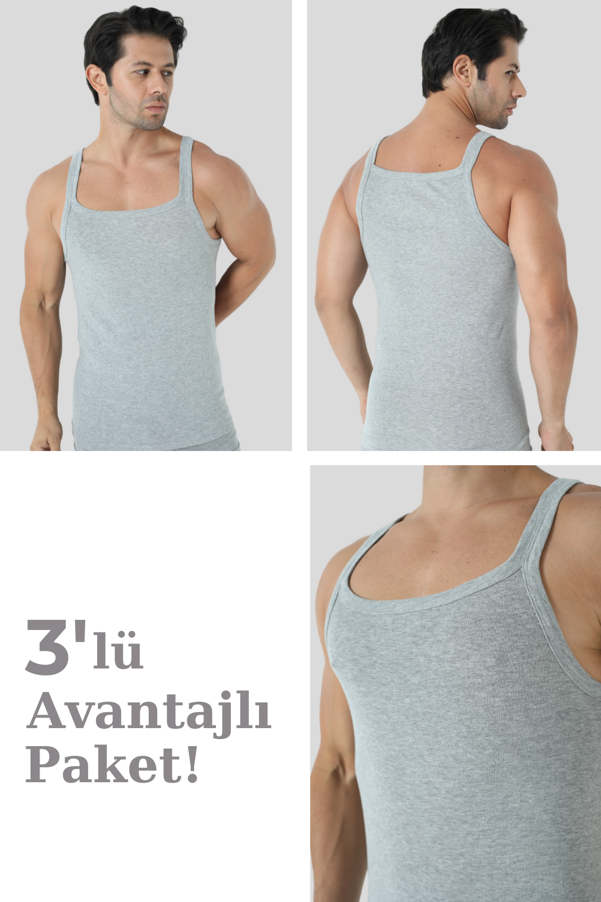  Erkek Gri İnce Askılı Atlet %100 Pamuk 3'lü Ekonomik Paket