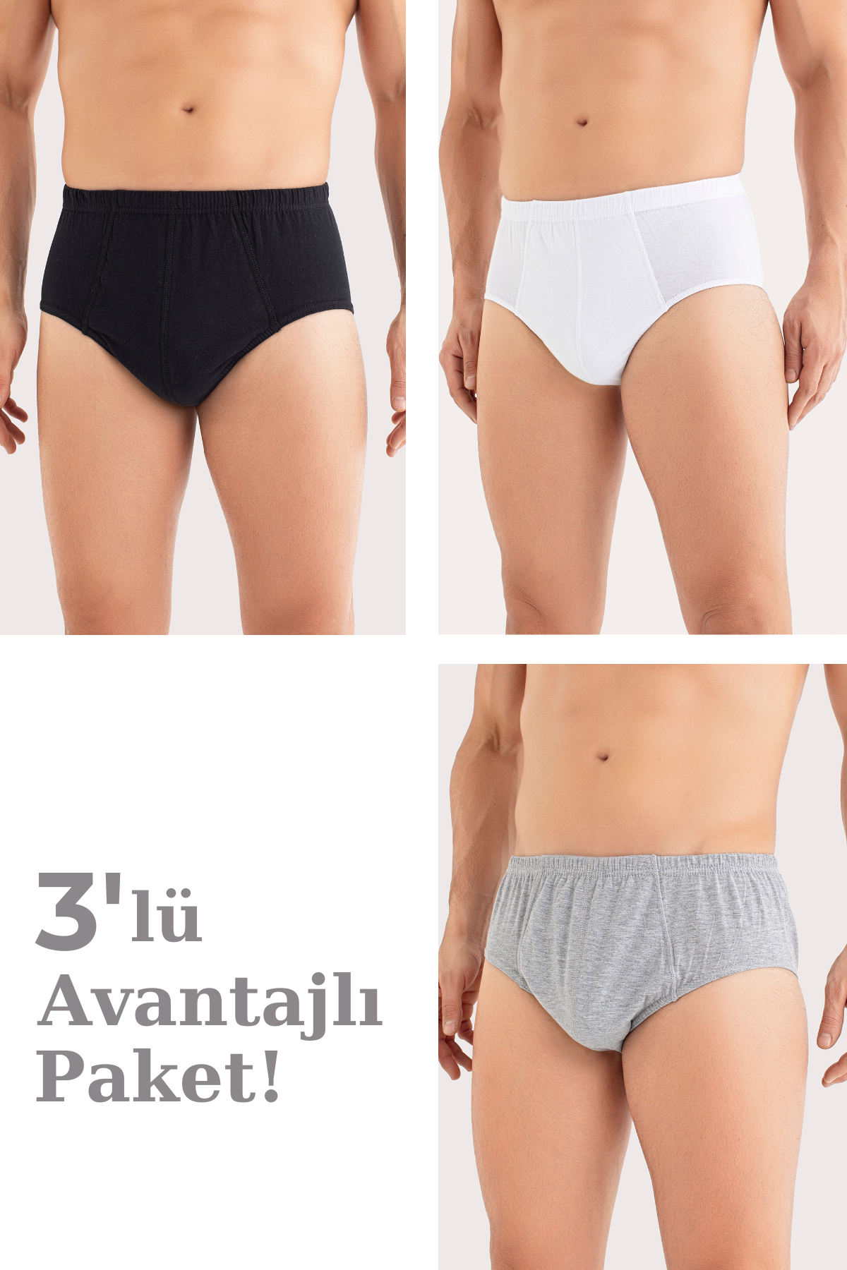  Erkek Külot Slip %100 Pamuk Karışık Renkli 3'lü Paket Beyaz Siyah Gri