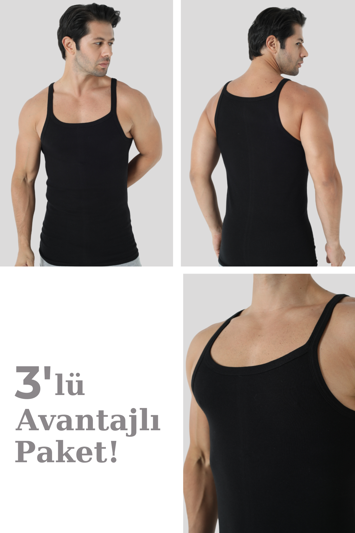  Erkek Siyah İnce Askılı Atlet %100 Pamuk 3'lü Ekonomik Paket