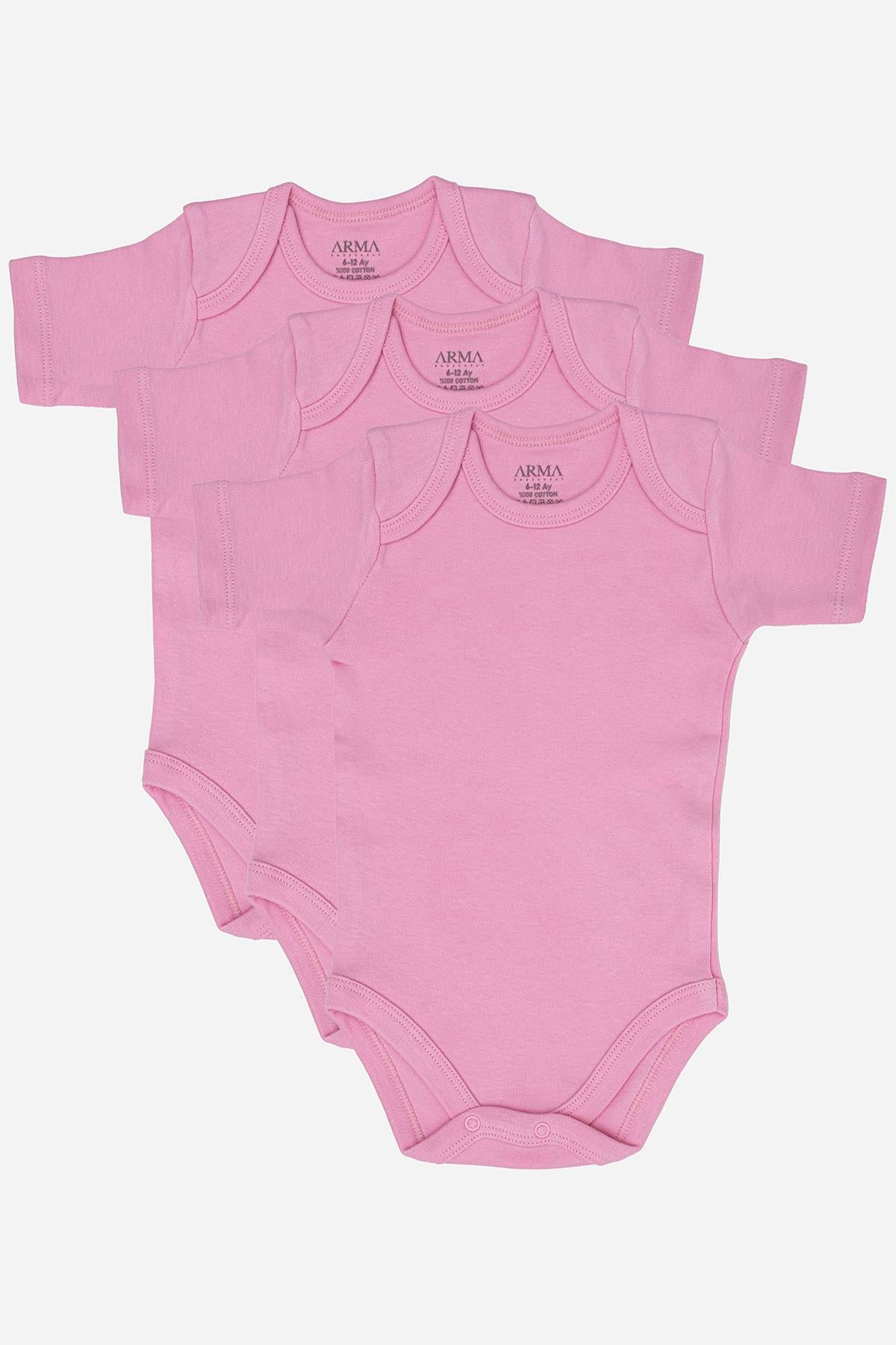 %100 Organik Pamuk 3'lü Pembe Kısa Kollu Bebek Çıtçıtlı Zıbın Body
