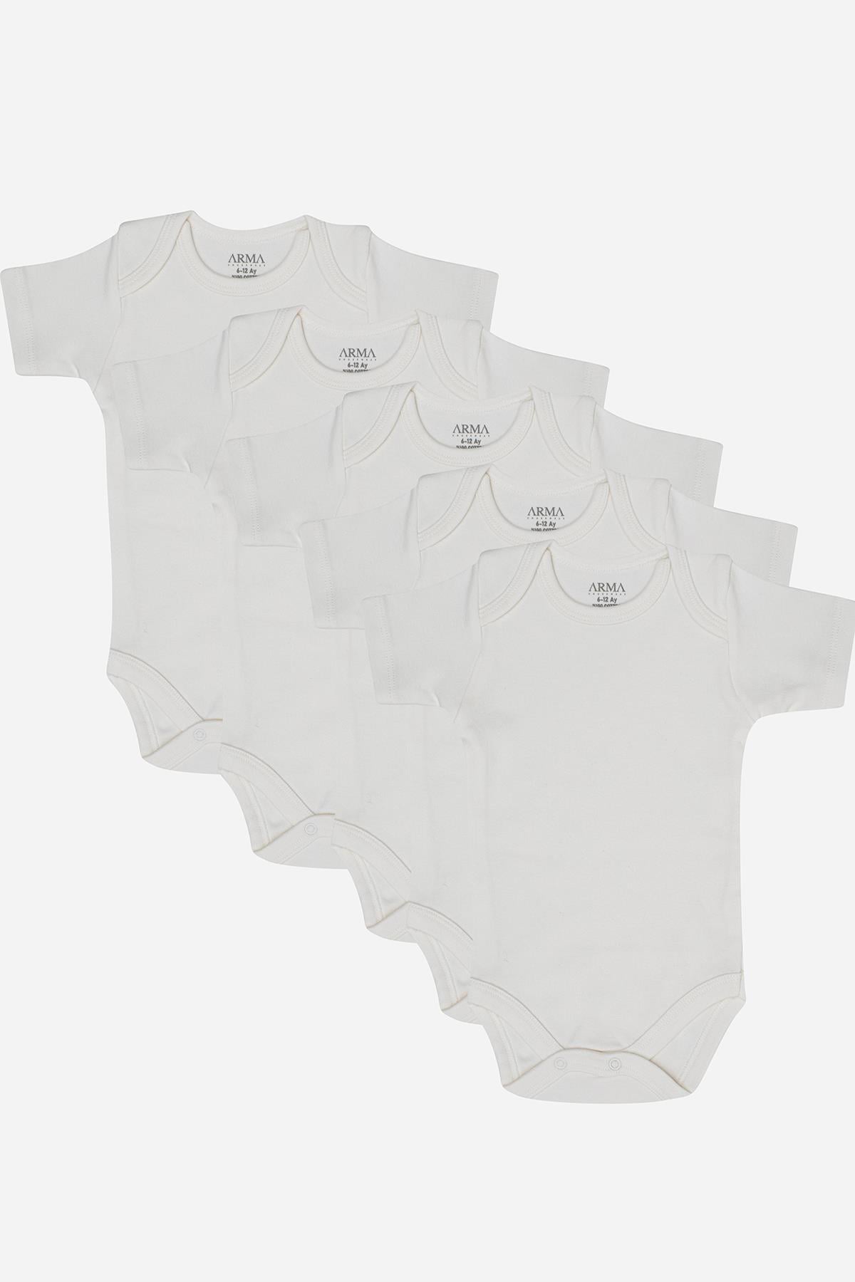 %100 Organik Pamuklu Beyaz Kısa Kollu Bebek Body 5'li Paket