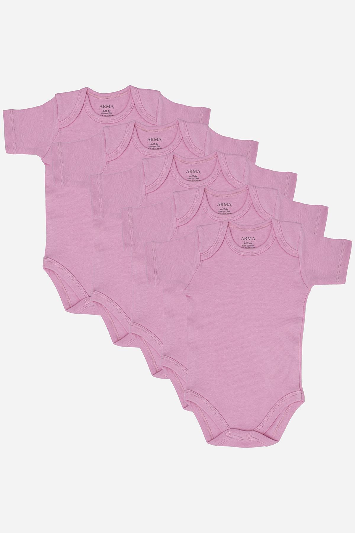 %100 Organik Pamuklu Pembe Kısa Kollu Bebek Body 5'li Paket