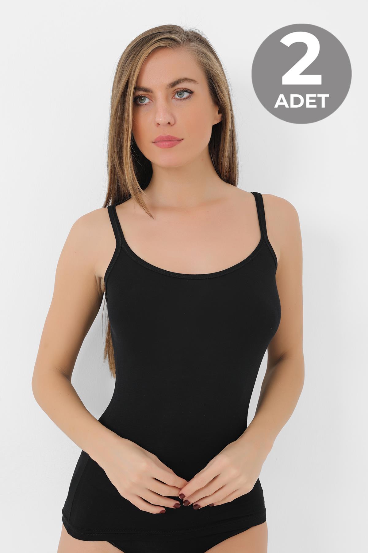 2 Adet Siyah Kadın Bambu Atlet Kalın İp Askı Yumuşak Esnek