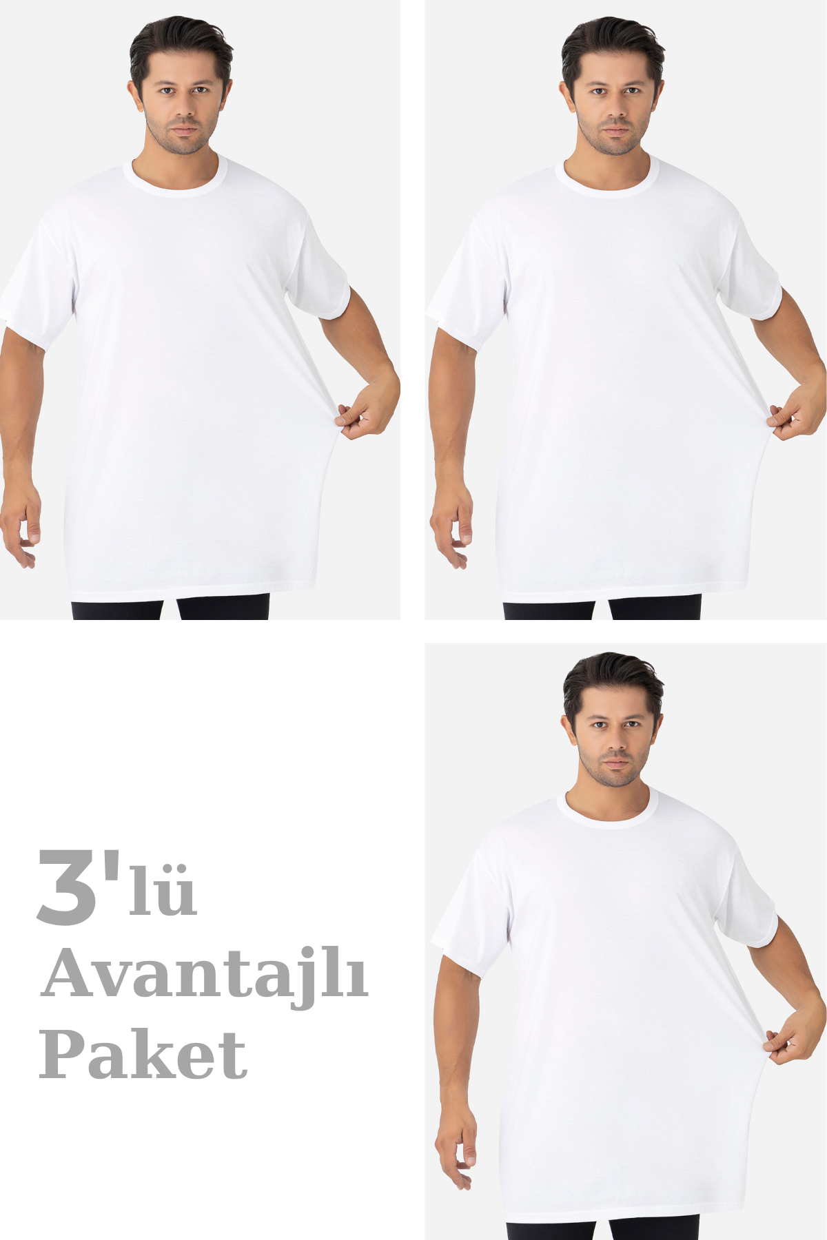 3'lü Paket Beyaz Erkek Büyük Beden Tişört Sıfır Yaka Kısa Kollu %100 Pamuk Penye