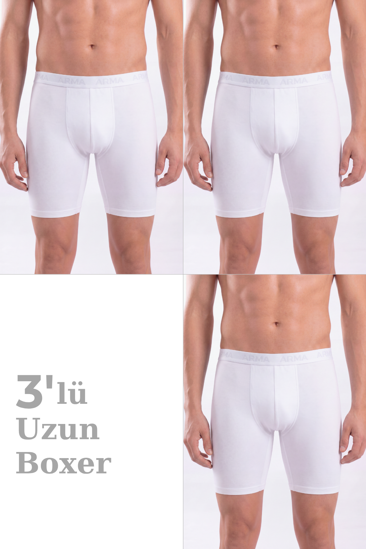 3'lü Paket Erkek Beyaz Uzun Paçalı Boxer Pamuklu Likralı Esnek Kumaş