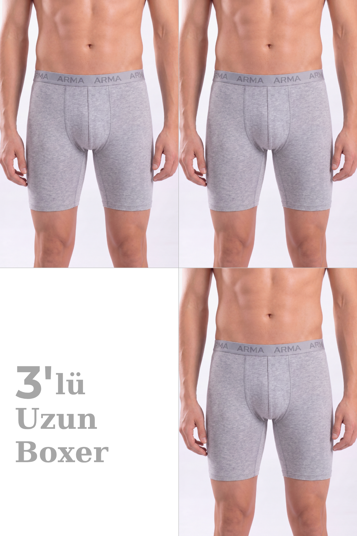3'lü Paket Erkek Gri Uzun Paçalı Boxer Pamuklu Likralı Esnek Kumaş