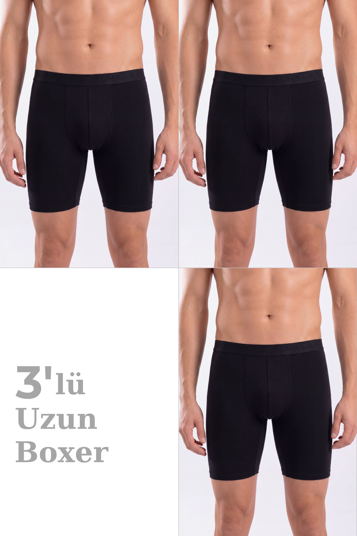 3'lü Paket Erkek Siyah Uzun Paçalı Boxer Pamuklu Likralı Esnek Kumaş