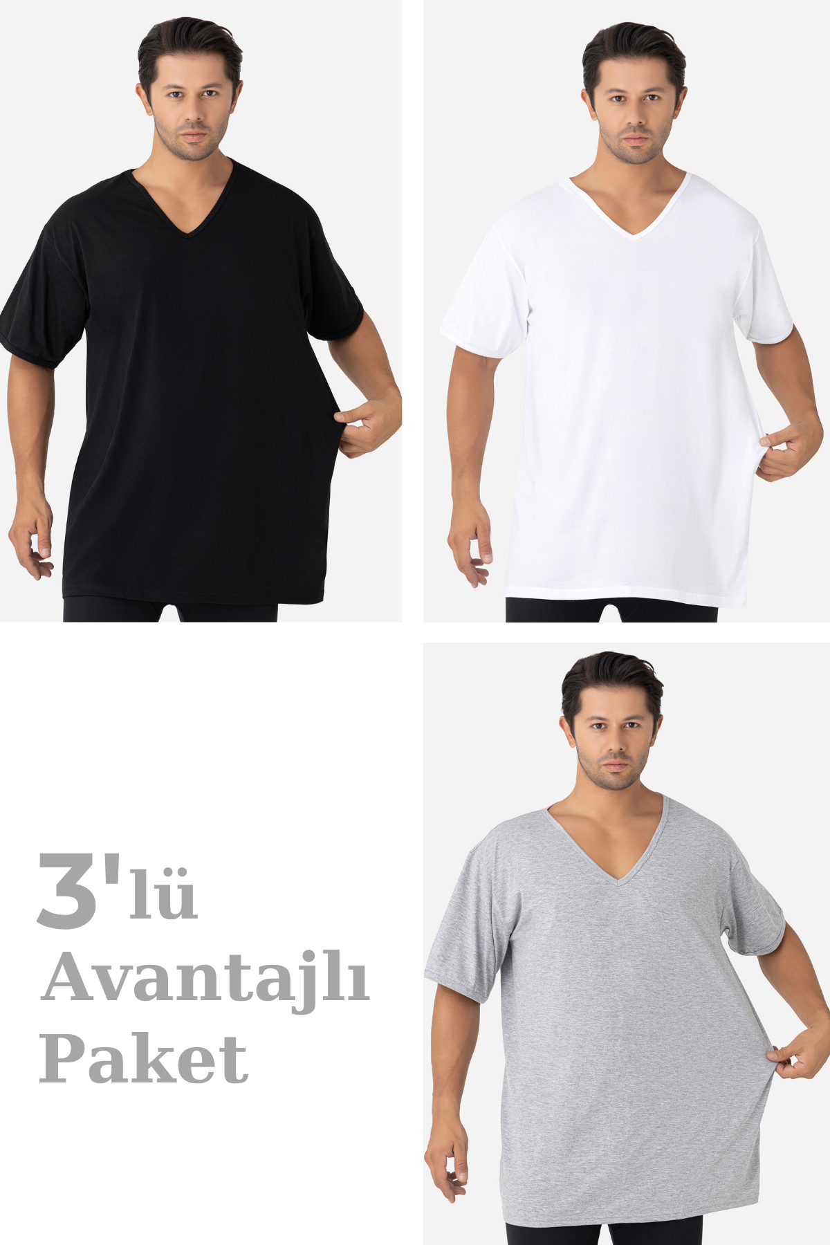 3'lü Paket Renkli Erkek V Yaka Kısa Kollu Büyük Beden Tişört %100 Pamuklu Penye