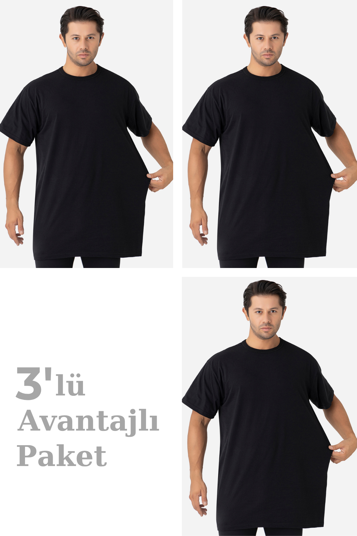 3'lü Paket Siyah Erkek Büyük Beden Tişört Sıfır Yaka Kısa Kollu %100 Pamuk Penye