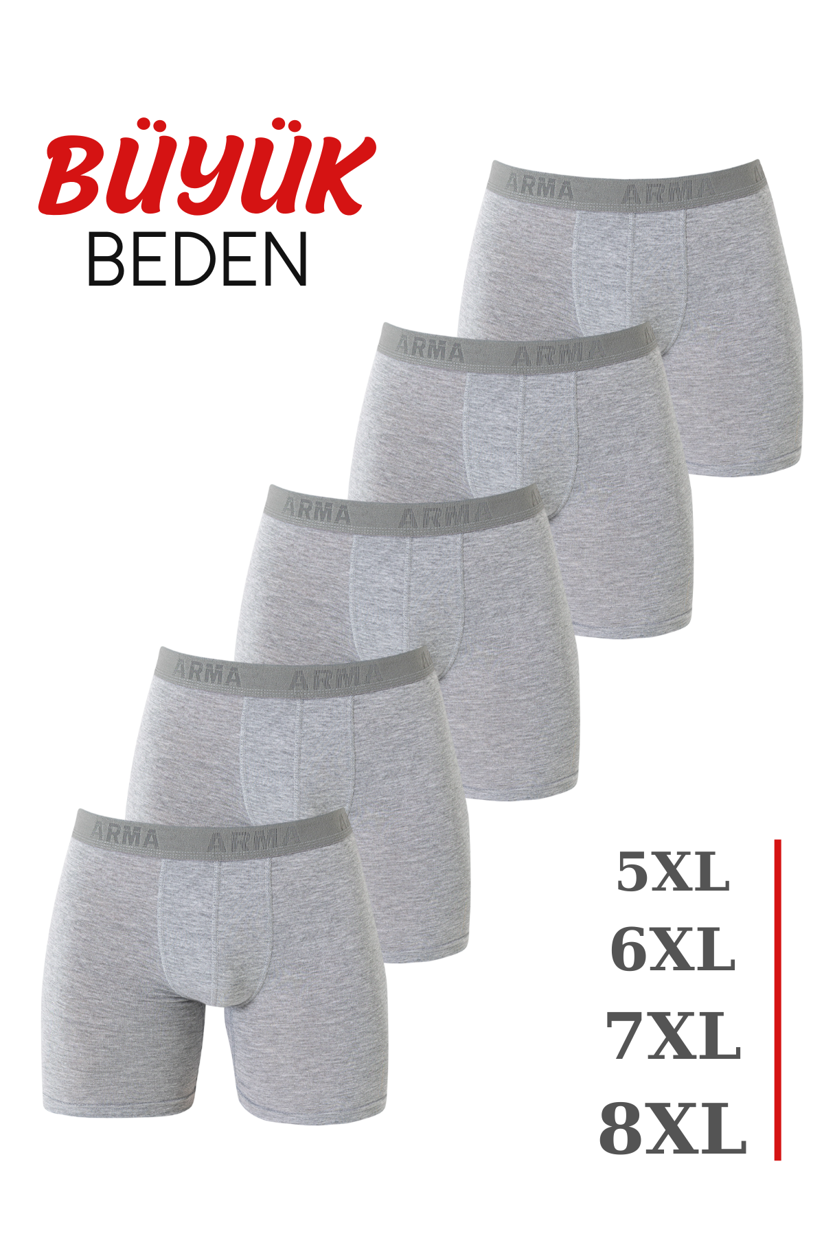 5'li Paket Gri Erkek Büyük Beden Boxer Pamuklu Likralı