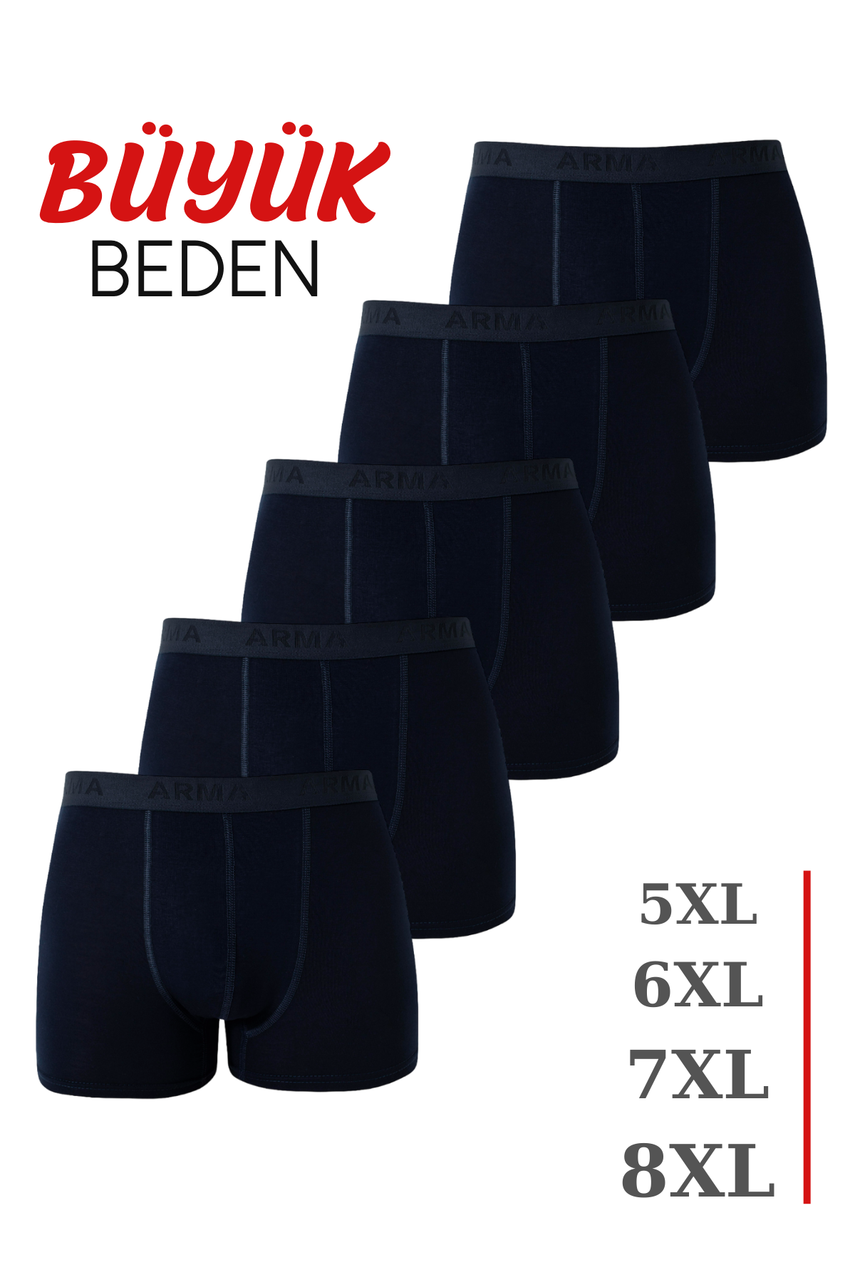 5'li Paket Lacivert Erkek Büyük Beden Boxer Pamuklu Likralı