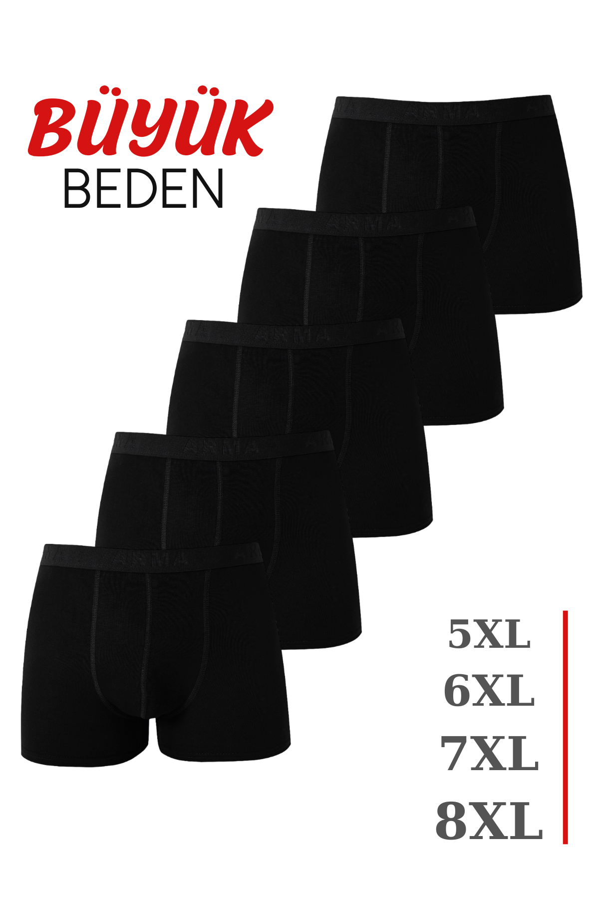 5'li Paket Siyah Erkek Büyük Beden Boxer Pamuklu Likralı