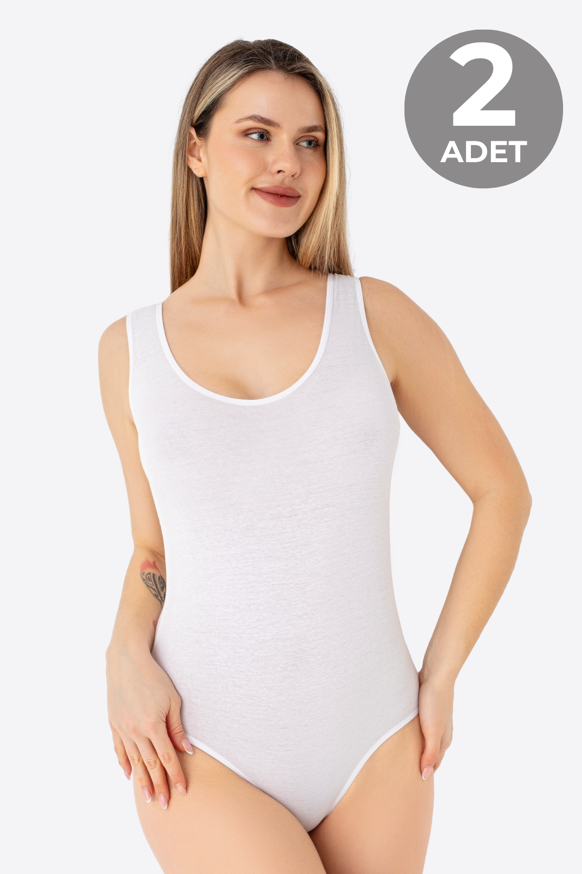 Beyaz 2'li Kadın Çıtçıtlı Atlet / Body Kalın Askılı Pamuklu Likralı