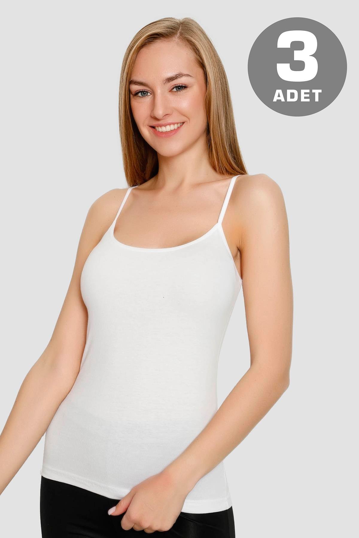 Beyaz Kadın Likralı İp Askılı Atlet 3'lü Paket
