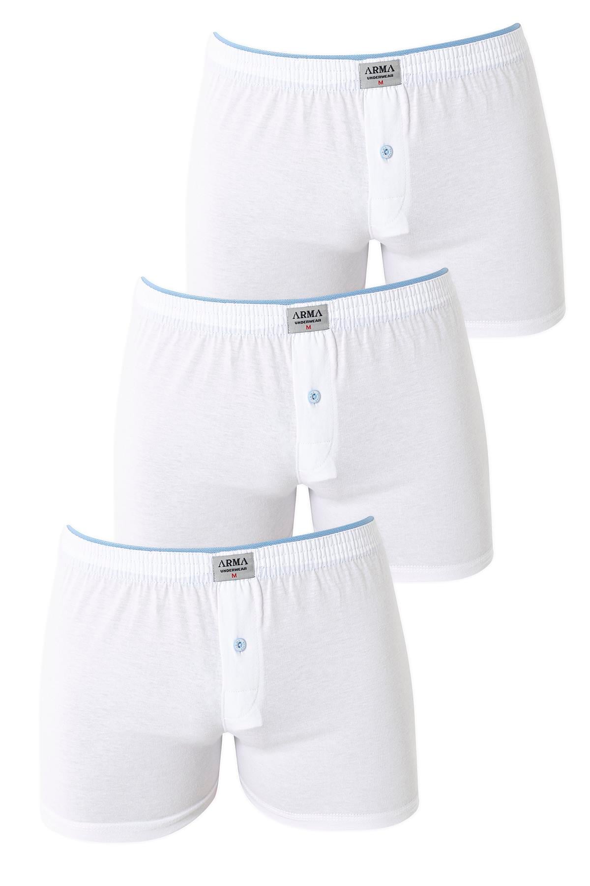 Erkek Beyaz Düğmeli Boxer 3'lü Paket %100 Pamuklu Penye