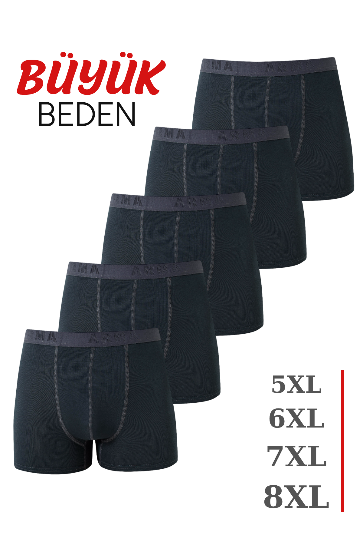 Erkek Füme Büyük Beden Boxer Pamuklu Likralı Yumuşak ve Esnek Kumaş 5'li Paket