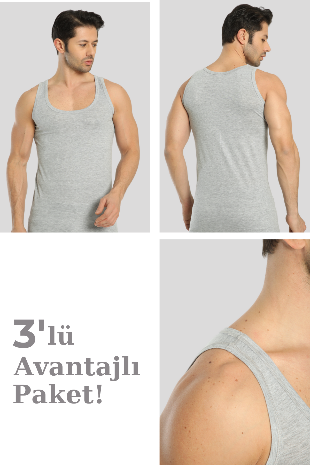 Erkek Gri Loklu Atlet 3'lü Paket %100 Pamuklu
