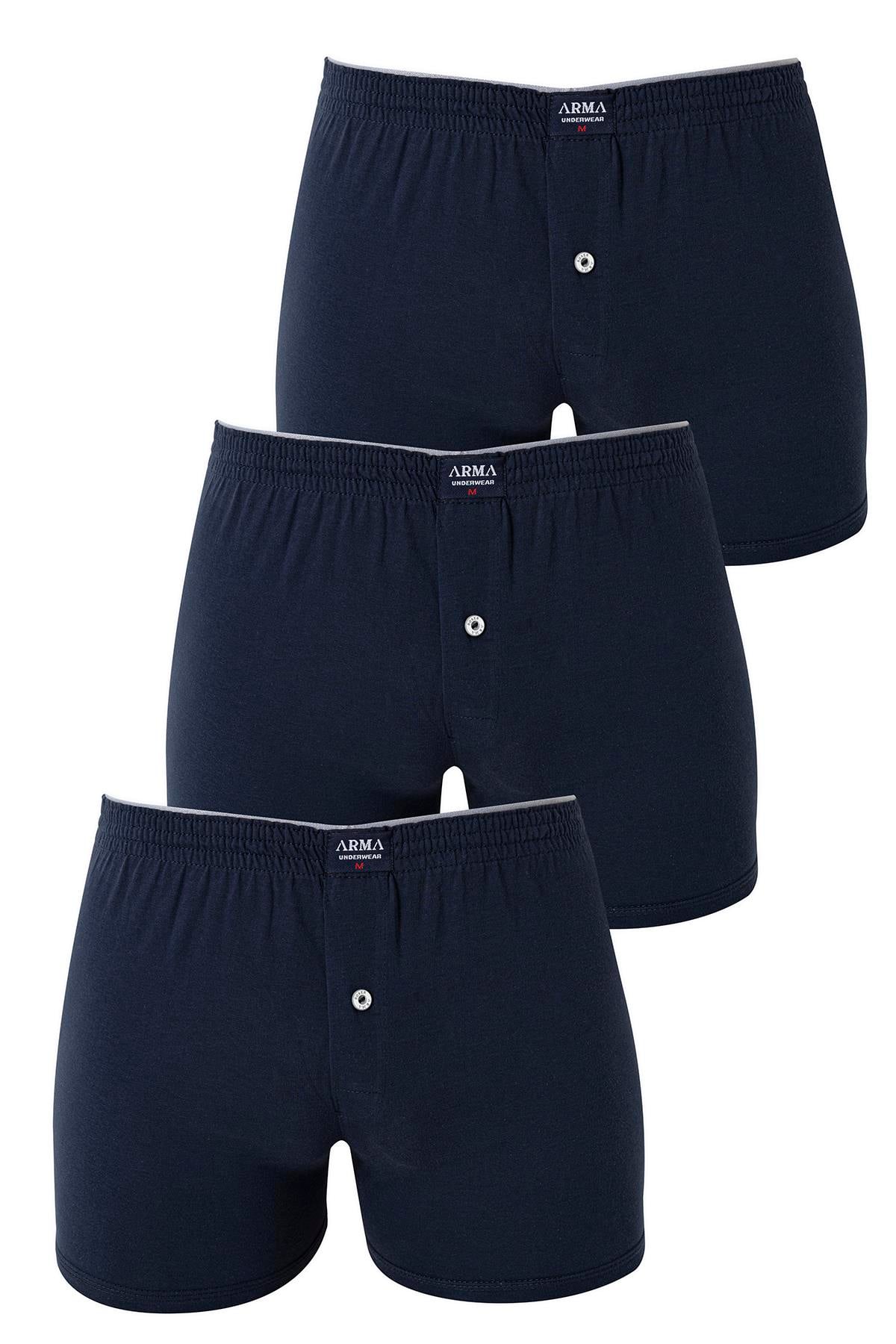 Erkek Lacivert Düğmeli Boxer 3'lü Paket %100 Pamuklu Penye