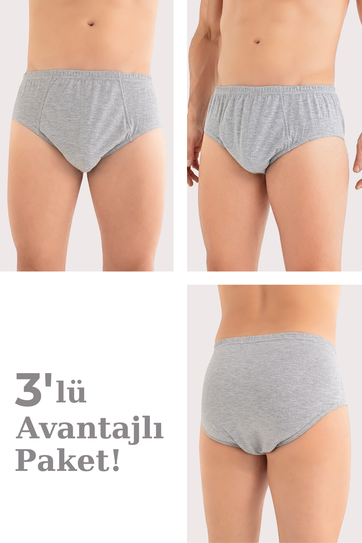 Erkek Pamuklu Külot Düz Gri Beli Lastikli 3'lü Paket