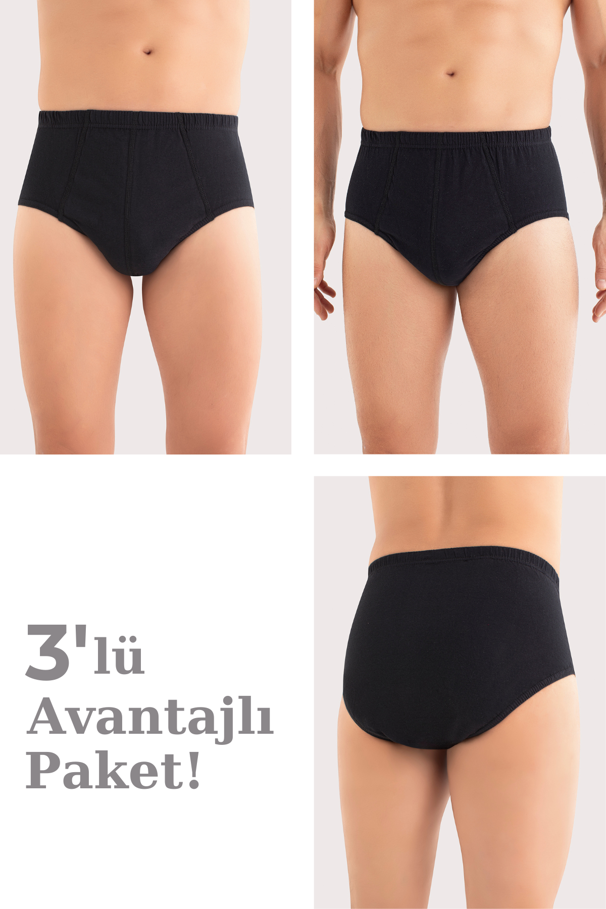 Erkek Pamuklu Külot Düz Siyah Beli Lastikli 3'lü Paket