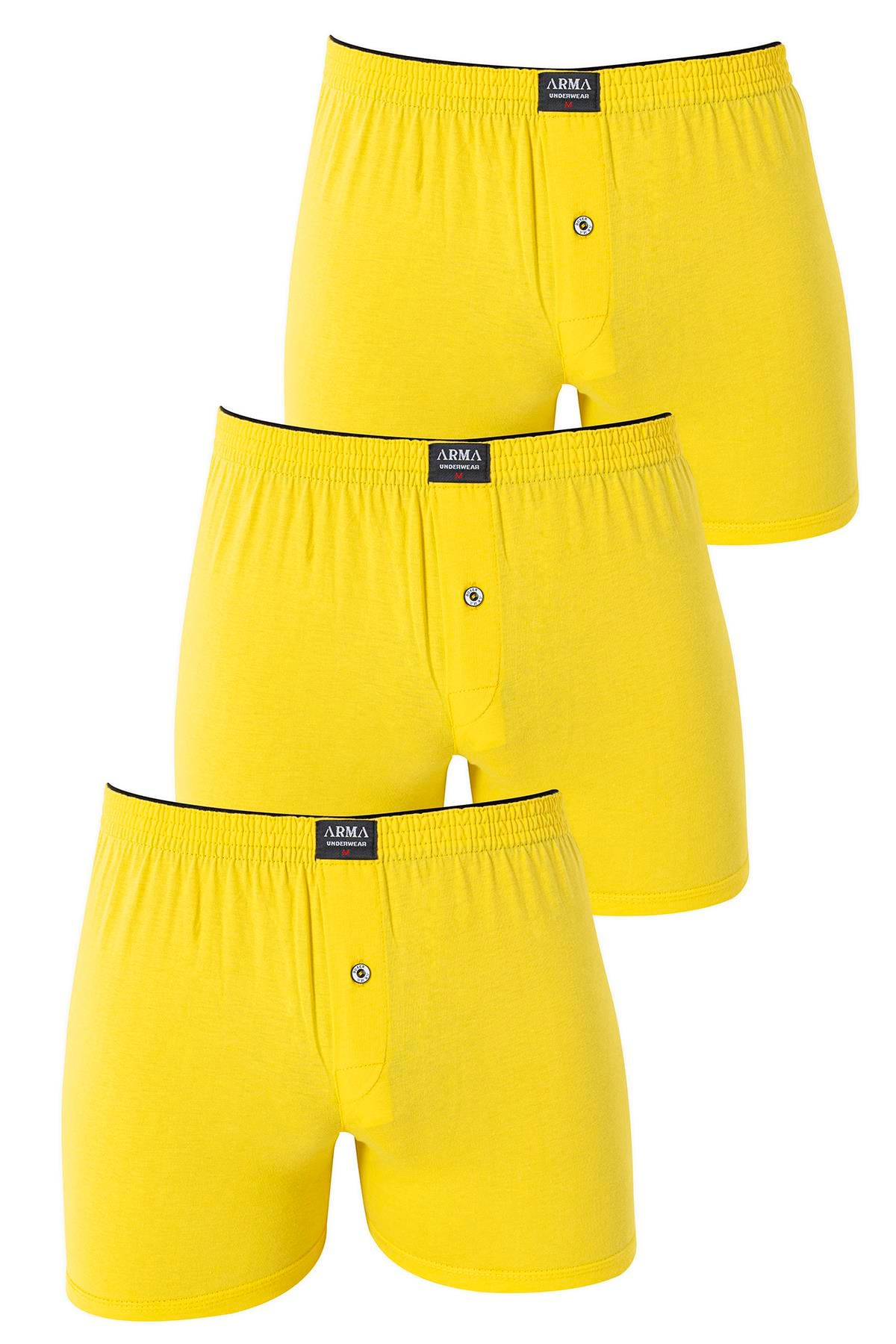 Erkek Sarı Düğmeli Boxer 3'lü Paket %100 Pamuklu Penye