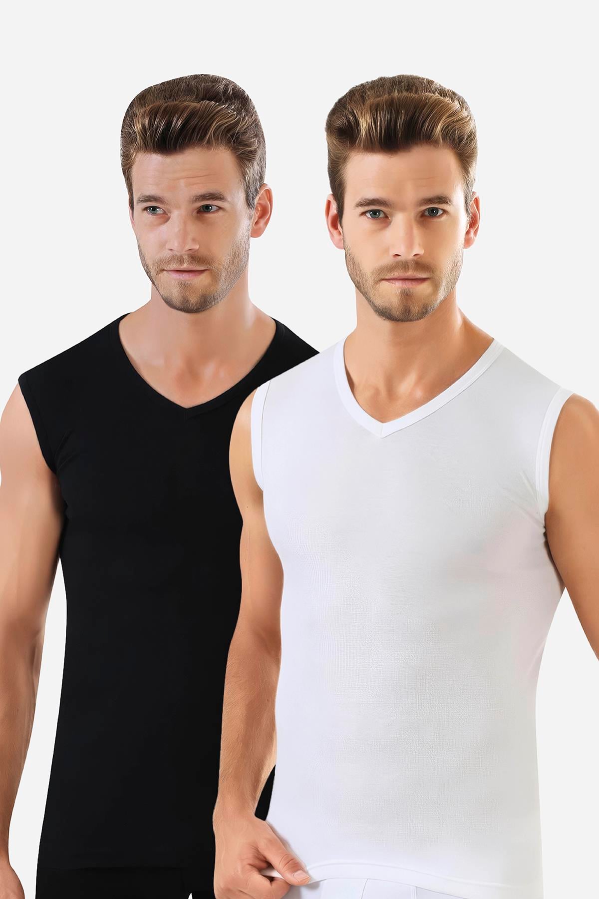 Erkek Siyah - Beyaz Tişört Sıfır Kol V Yaka Kolsuz Atlet 2'li Paket %100 Pamuklu