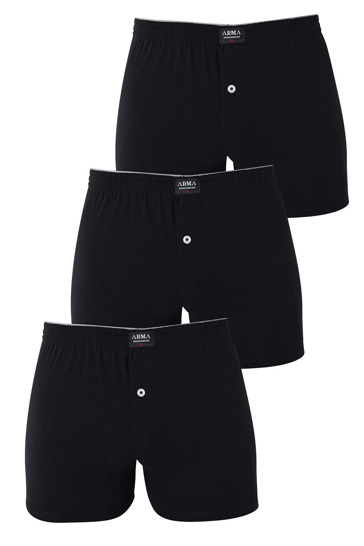 Erkek Siyah Düğmeli Boxer 3'lü Paket %100 Pamuklu Penye