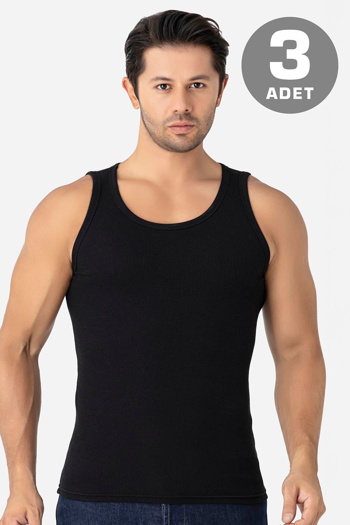 Erkek Siyah Fitilli Kaşkorse Atlet 3'lü Paket Esnek ve Yumuşak Kumaş