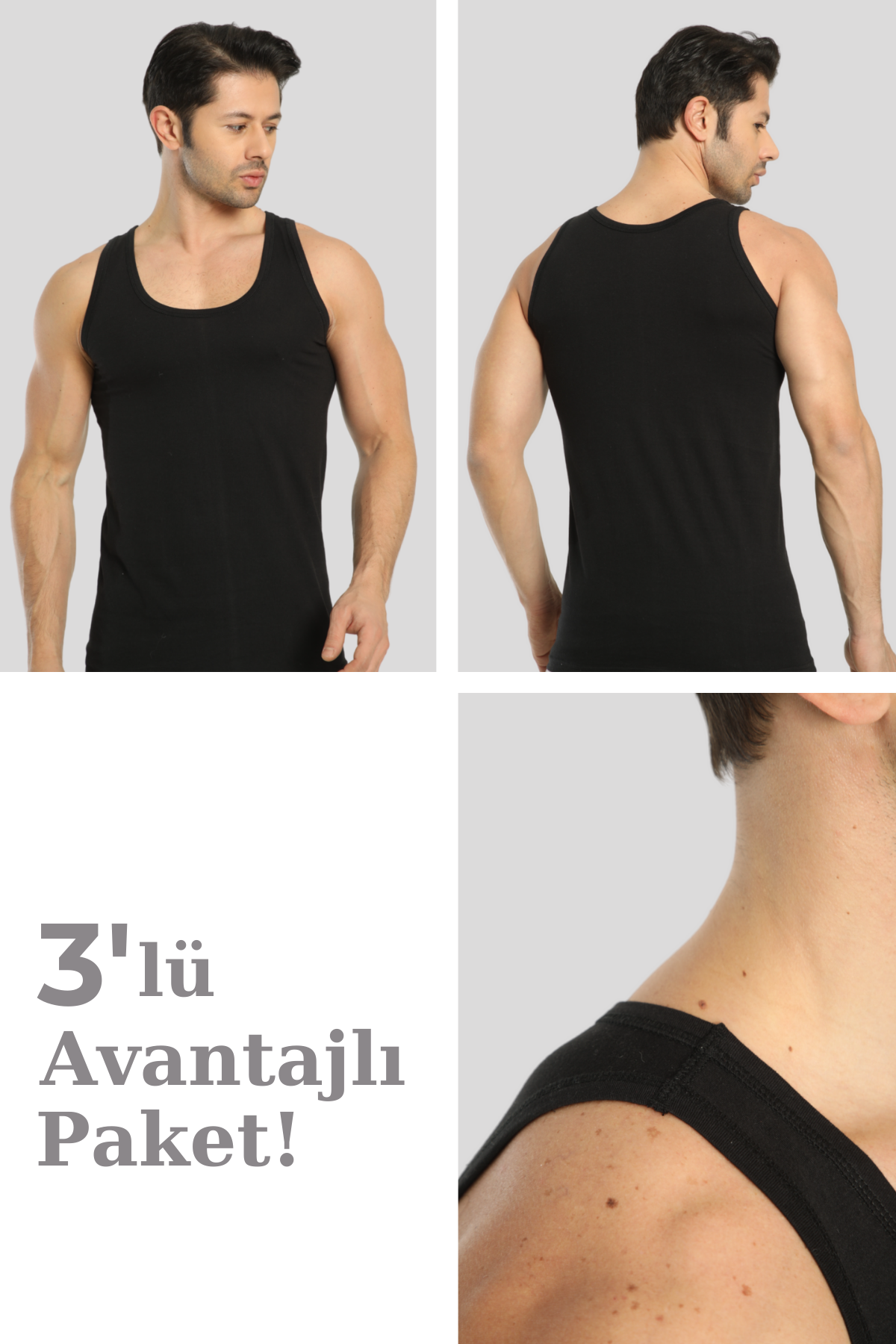 Erkek Siyah Loklu Atlet 3'lü Paket %100 Pamuklu