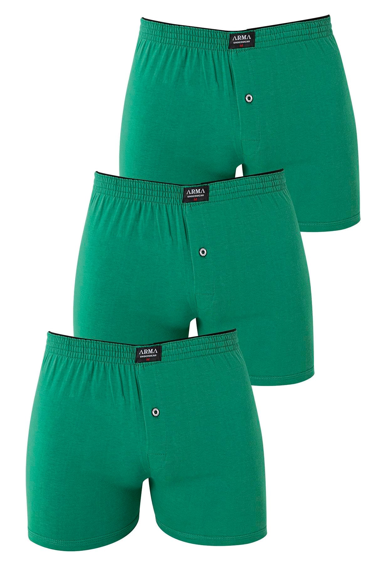 Erkek Yeşil Düğmeli Boxer 3'lü Paket %100 Pamuklu Penye