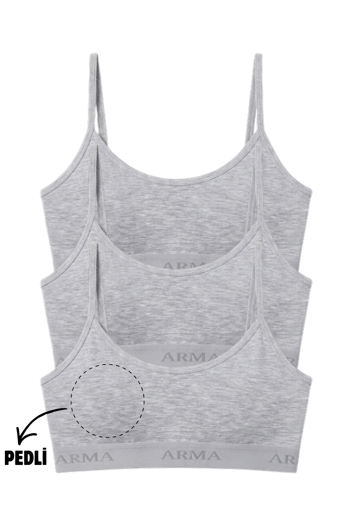 Genç Kız İp Askılı Çıkarılabilir Pedli Yarım Atlet Alıştırma Sütyeni 3'lü Paket Gri