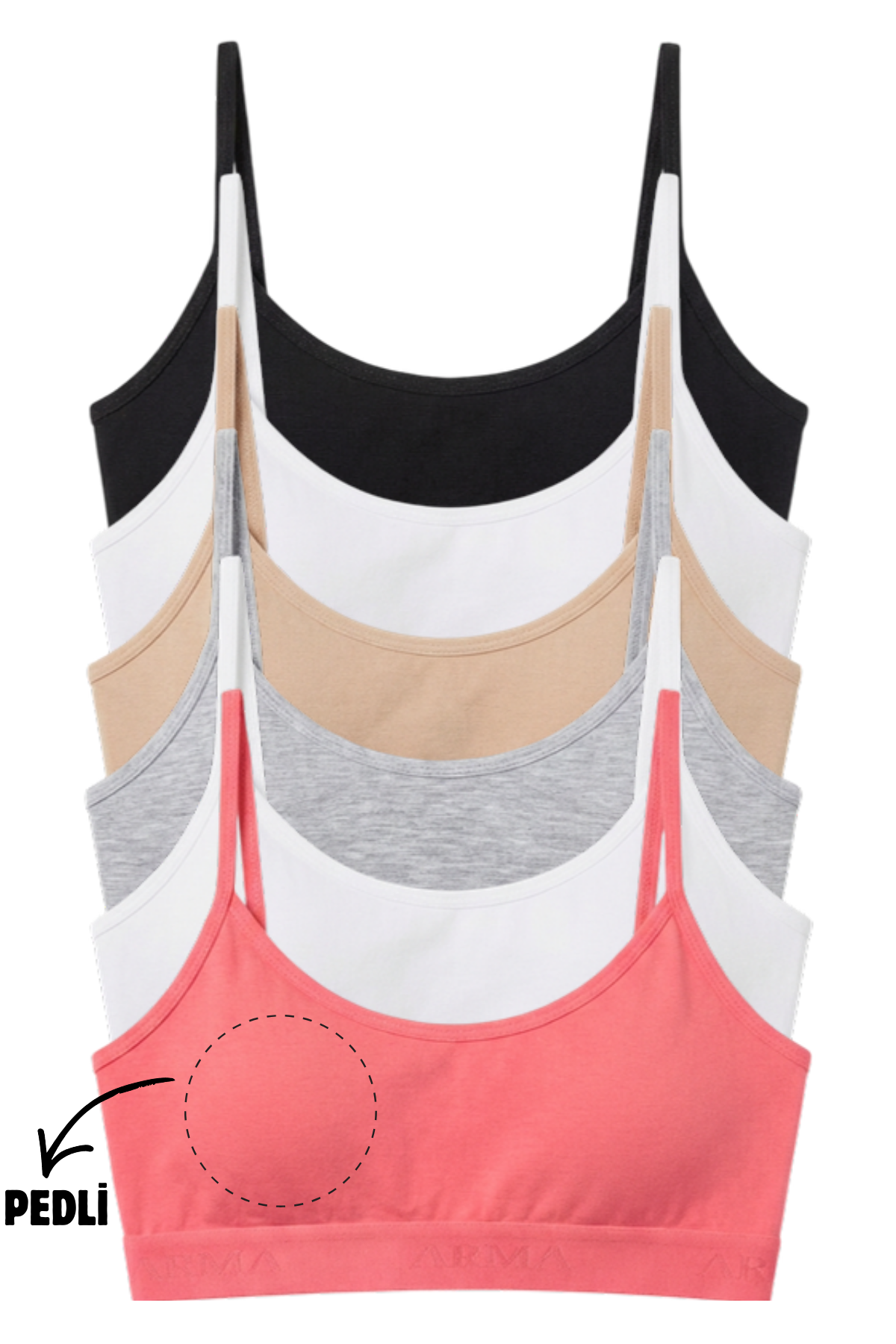 Genç Kız Pamuklu İp Askılı Çıkarılabilir Pedli Yarım Atlet Alıştırma Sütyeni 6'lı Paket Çok Renkli