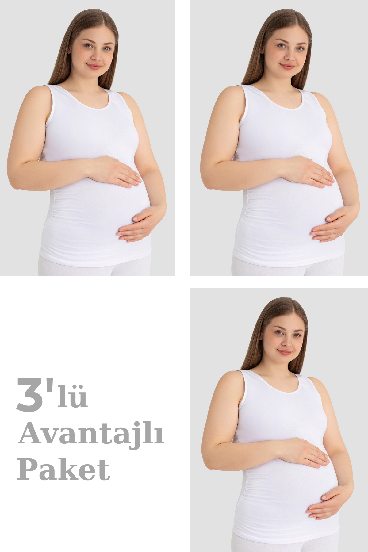 Hamile Atlet Kalın Askılı Pamuklu Likralı Esnek Beyaz 3'lü Paket