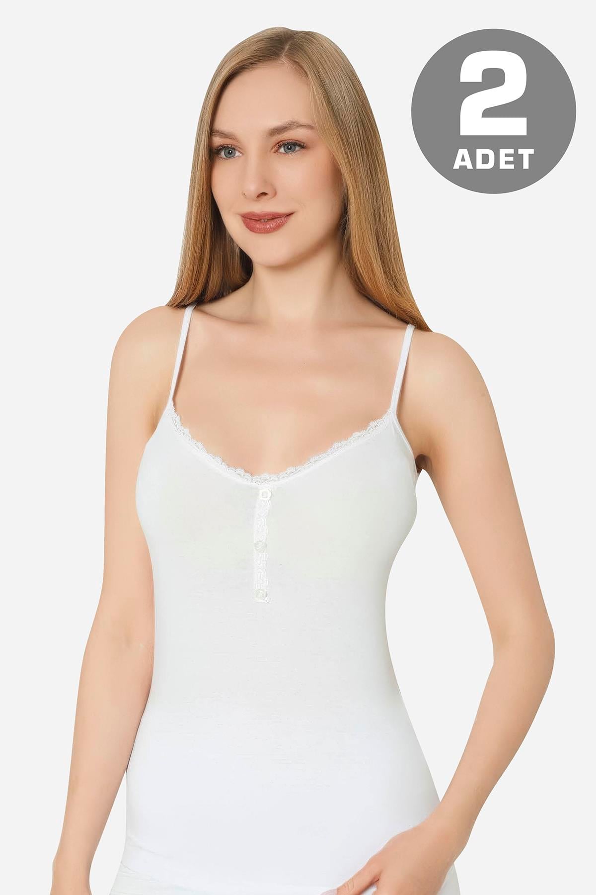 İp Askılı Beyaz Kadın Düğmeli Atlet 2'li Paket Pamuklu Likralı 