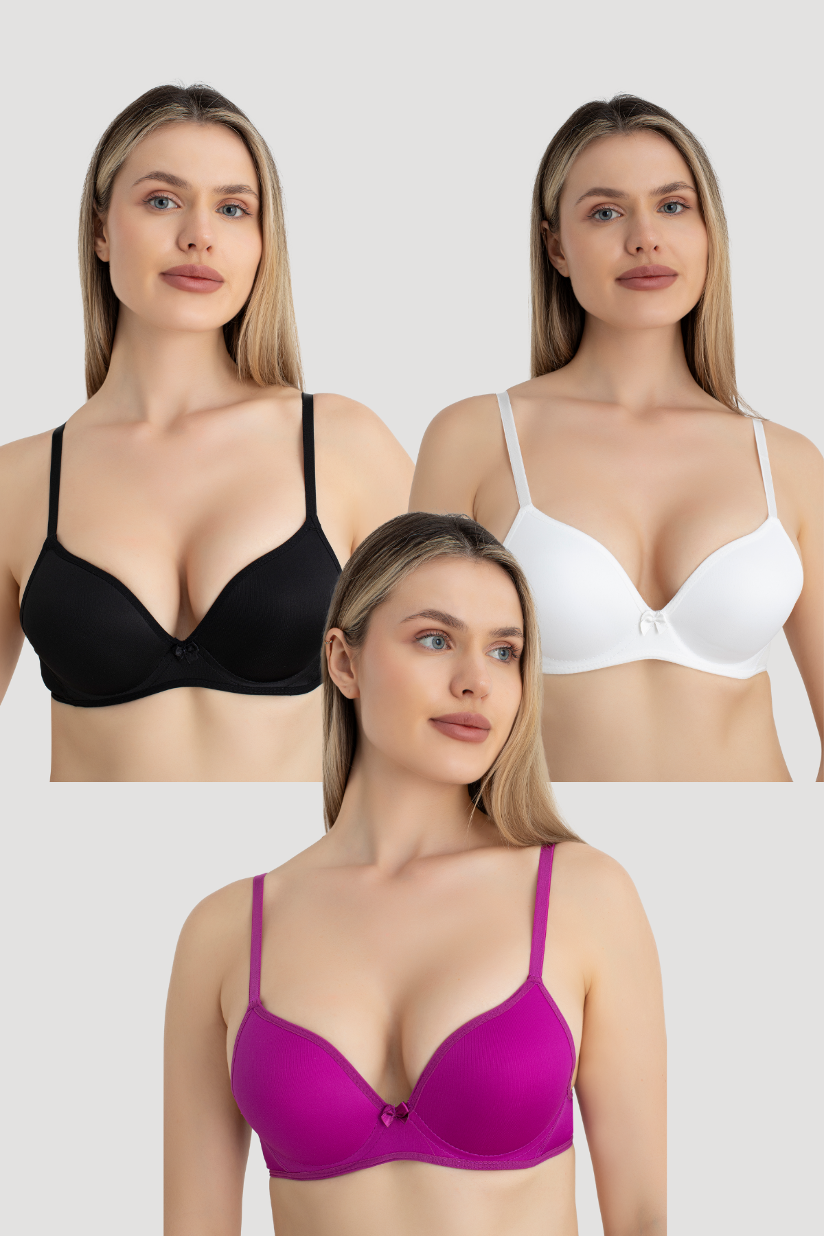 Kadın Balenli Destekli Dolgulu Sütyen 3'lü Set Siyah Beyaz Mürdüm