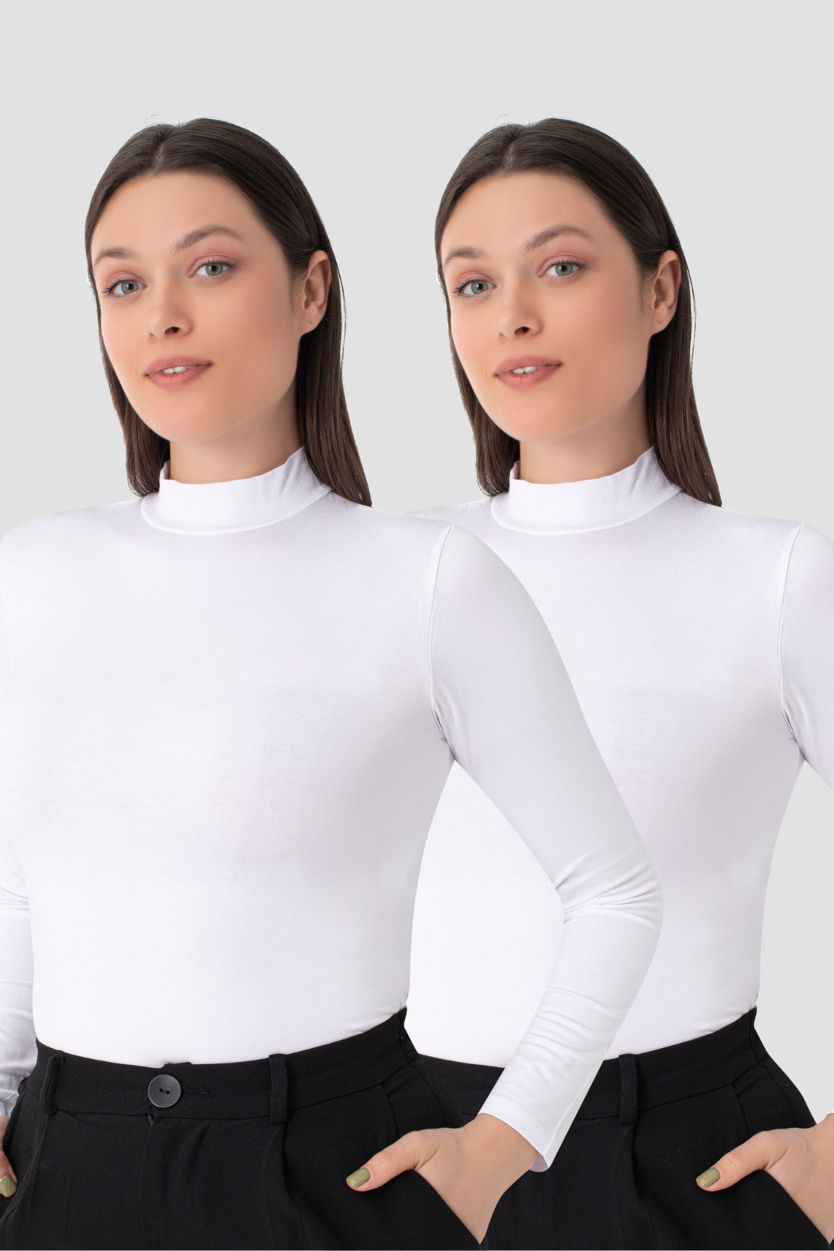 Kadın Beyaz Balıkçı Yaka Uzun Kollu Body 2'li Paket