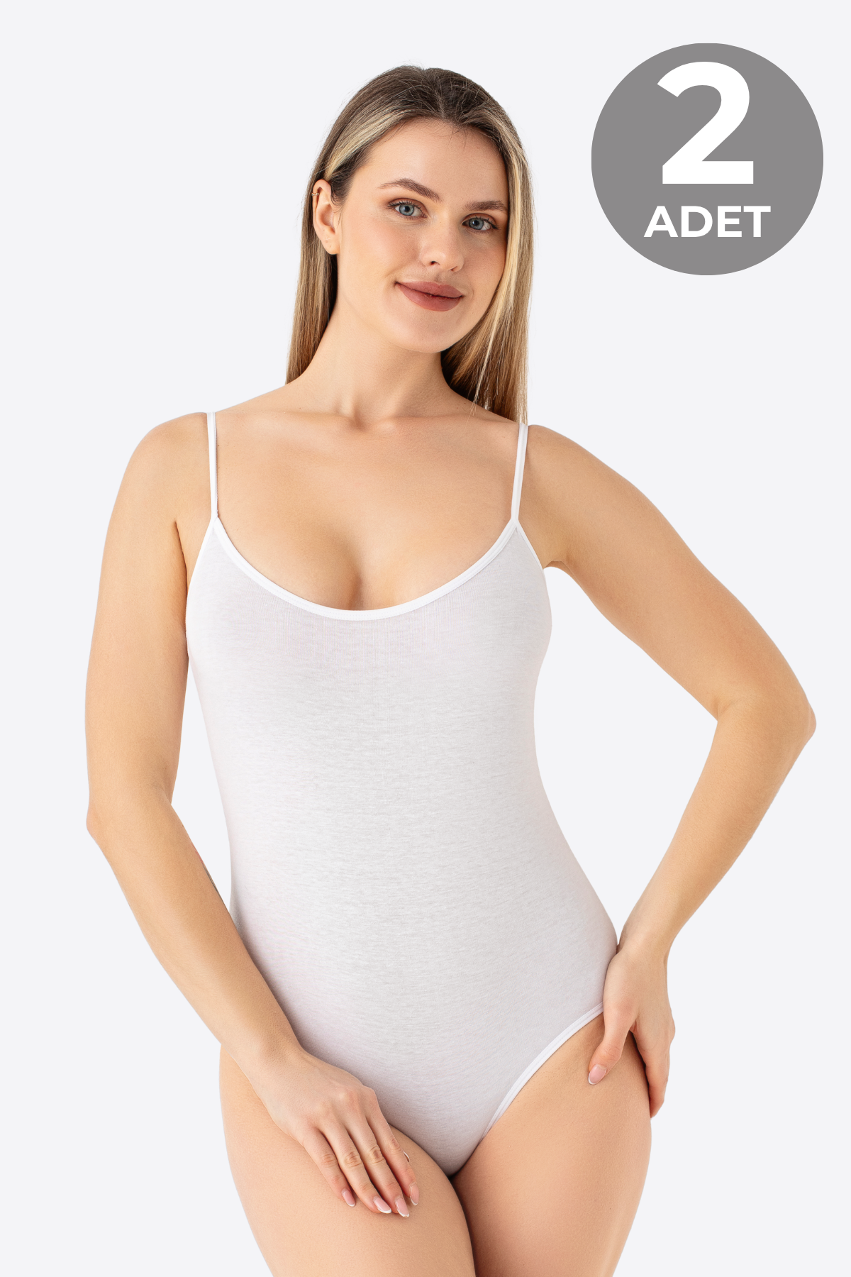 Kadın Beyaz İp Askılı Çıtçıtlı Atlet Body Zıbın Pamuklu Likralı 2'li Paket