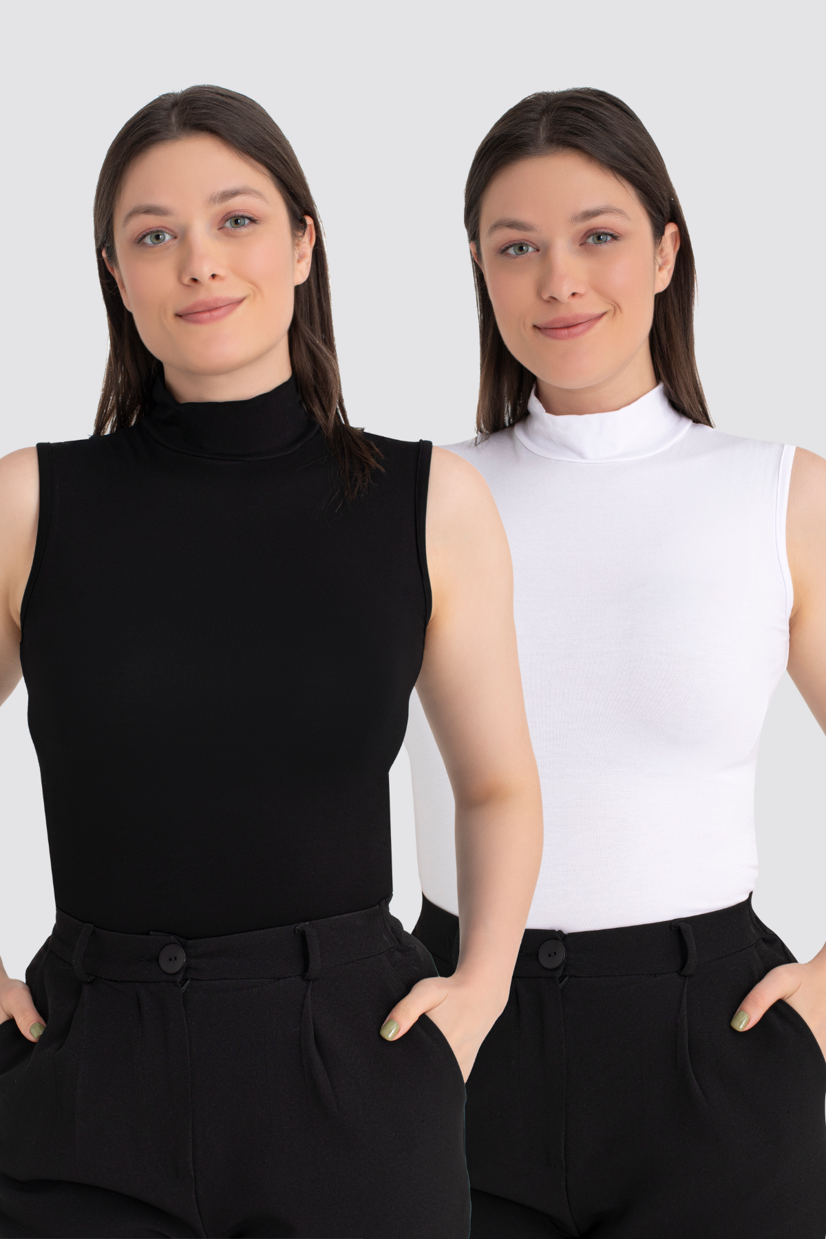 Kadın Beyaz Siyah 2'li Kolsuz Body Balıkçı Yaka