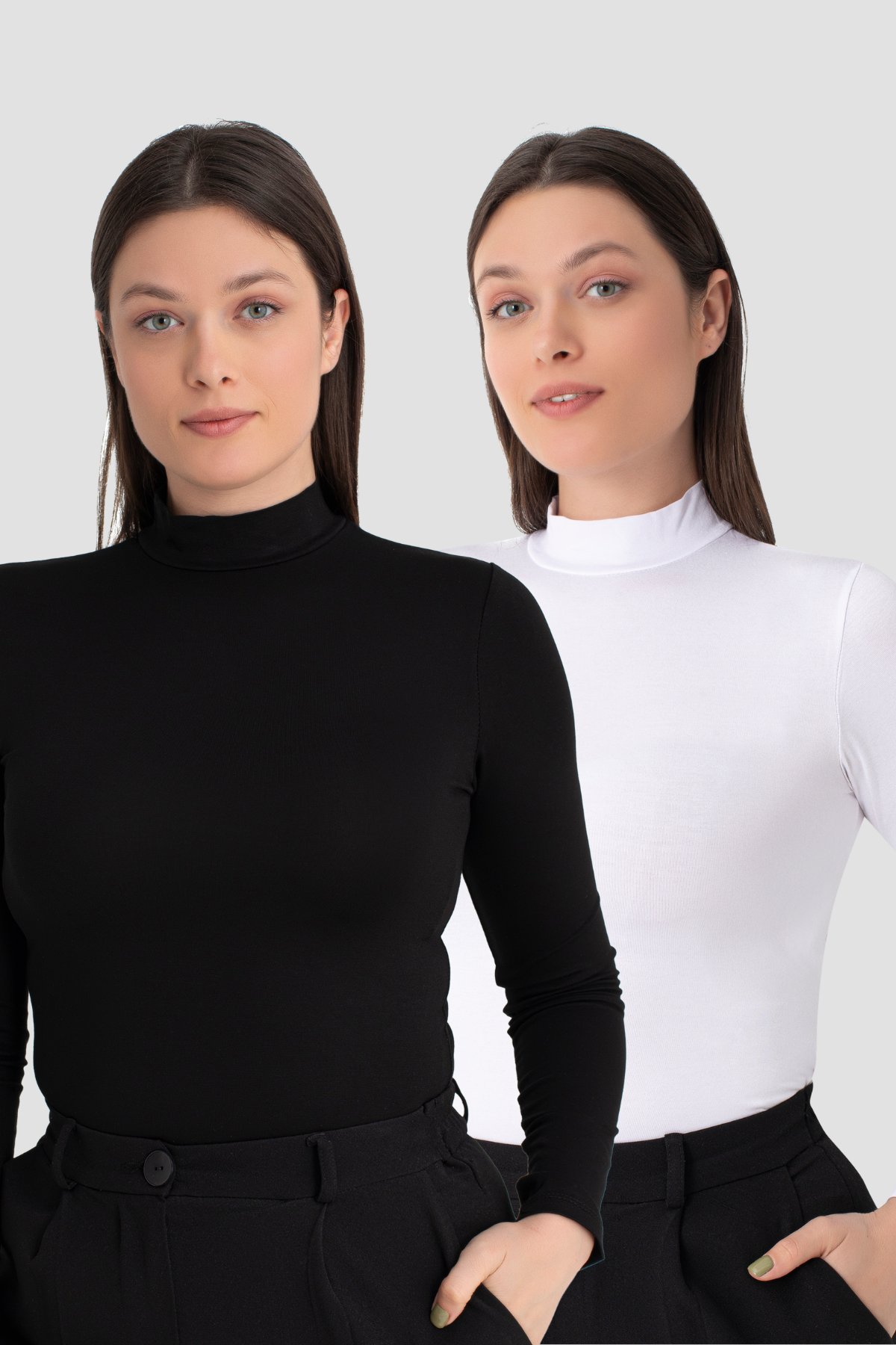 Kadın Beyaz - Siyah Balıkçı Yaka Uzun Kollu Body 2'li Paket