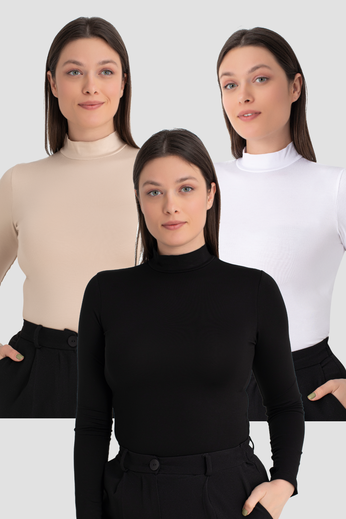 Kadın Beyaz Siyah Ten Balıkçı Yaka Uzun Kollu Body 3 Adet