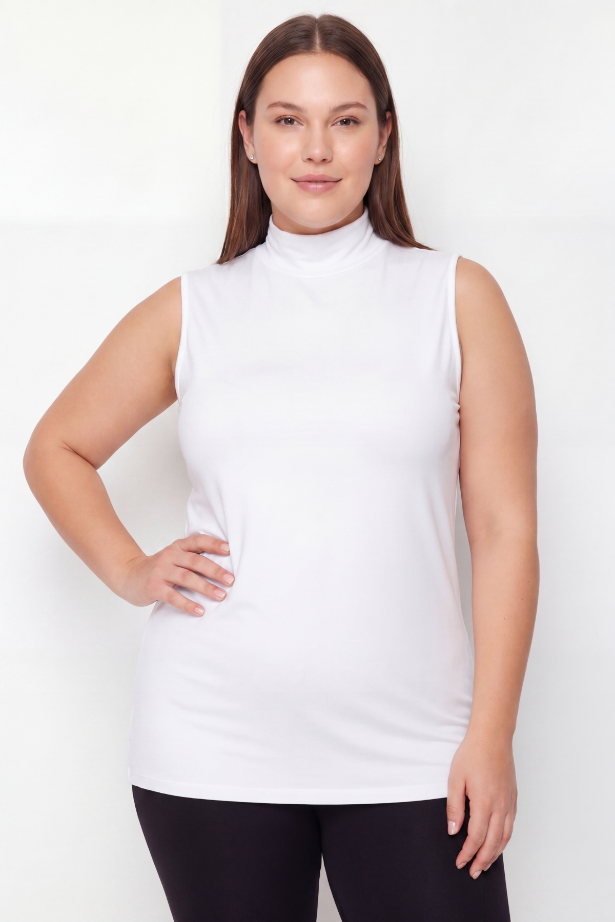 Kadın Büyük Beden Balıkçı Yaka Kolsuz Body Beyaz